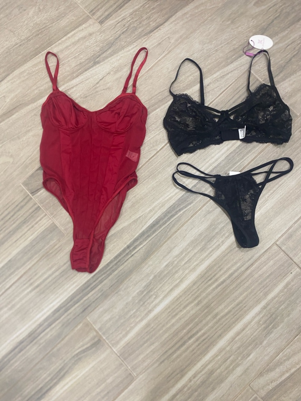 Red Mesh Bodysuit & Black Lace Bra Set